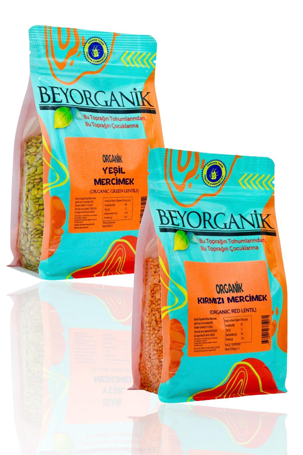 BEYORGANİK-2'li Mercimek Seti     Organik Kırmızı Mercimek 500gr - Organik Yeşil Mercimek 500gr     (PESTİSİT VE AFLATOKSİN ANALİZLİ)-12 Adet