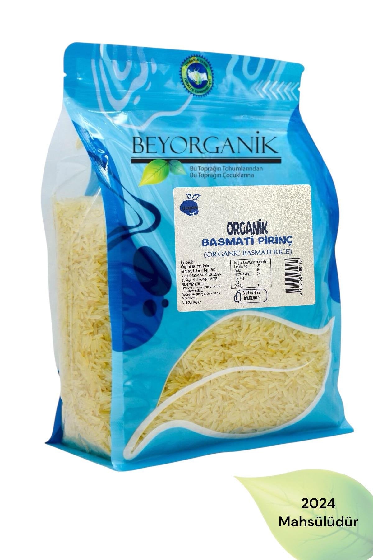 BEYORGANİK-Organik Basmati Pirinç 2,5kg  (Pestisit ve Aflatoksin Analizli)-12 Adet