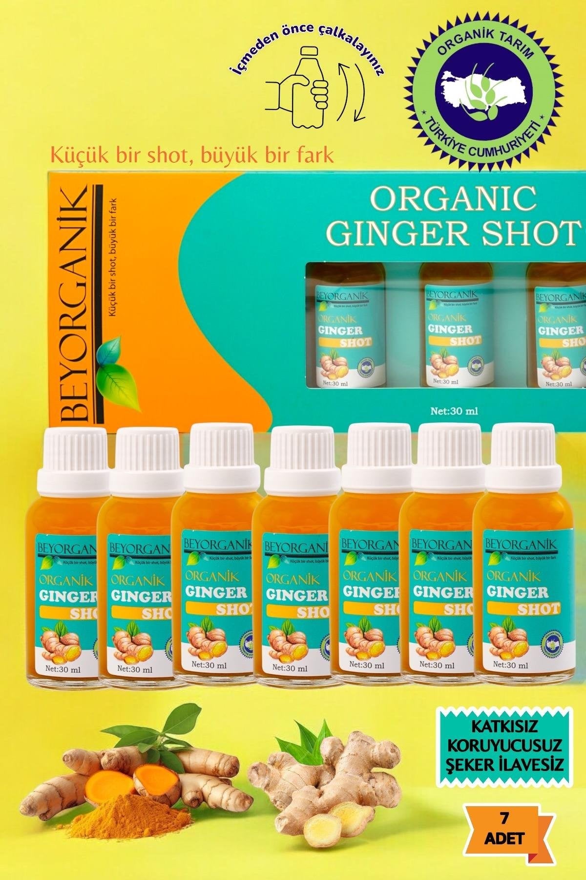 BEYORGANİK-Organik Ginger Shot (7adet x 30ml) (PESTİSİT VE AĞIR METAL ANALİZLİ)-12 Adet