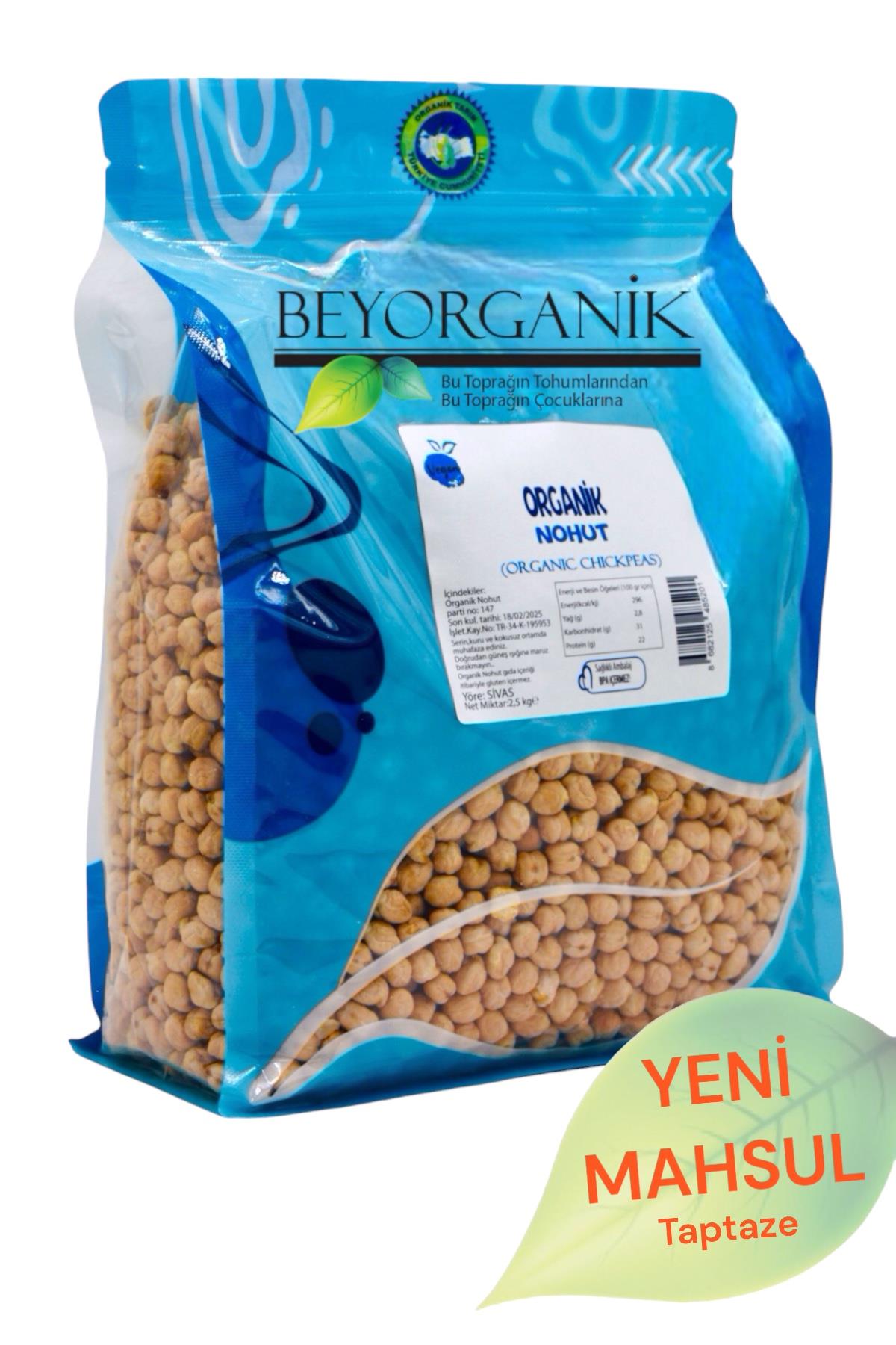 BEYORGANİK-Organik Nohut 2,5kg (PESTİSİT VE AFLATOKSİN ANALİZLİ)-12 Adet