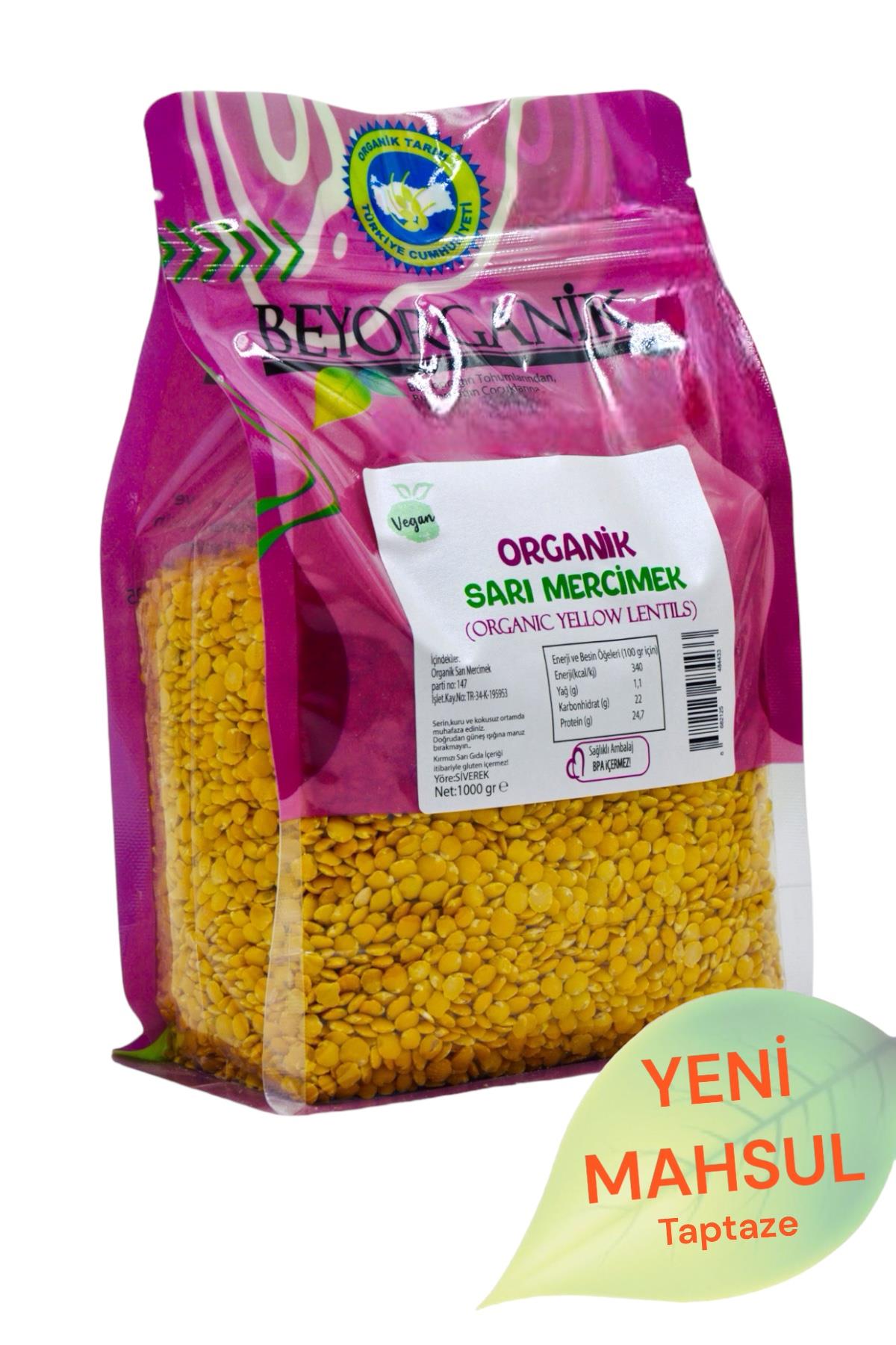 BEYORGANİK-Organik Sarı Mercimek 1kg   (Pestisit ve Aflatoksin Analizli)-12 Adet
