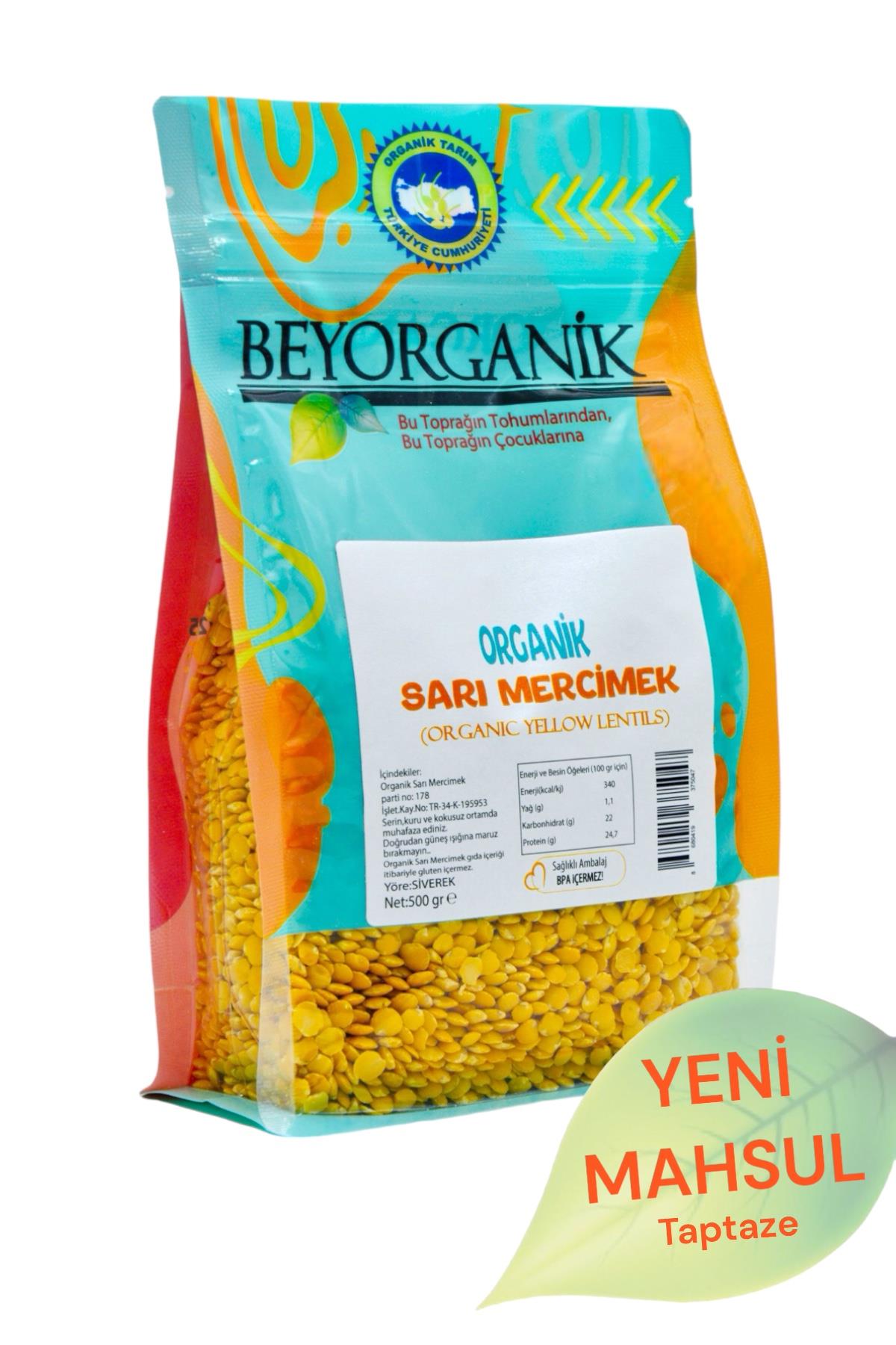 BEYORGANİK-Organik Sarı Mercimek 500gr   (Pestisit ve Aflatoksin Analizli)-12 Adet