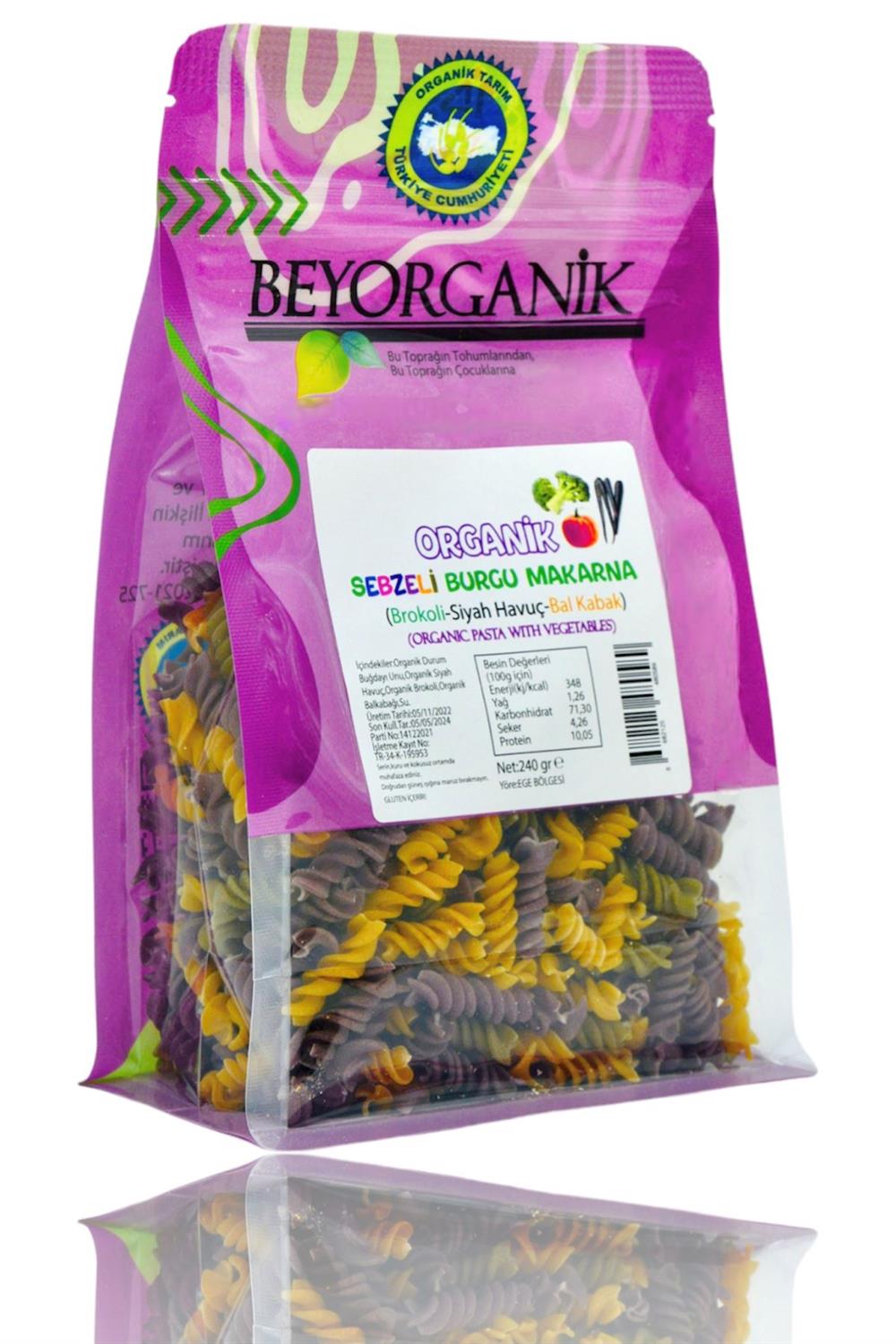 BEYORGANİK-Organik Sebzeli Burgu Makarna     Siyah Havuç-Brokoli-Balkabağı 240gr   (PESTİSİT VE AFLATOKSİN ANALİZLİ)-12 Adet