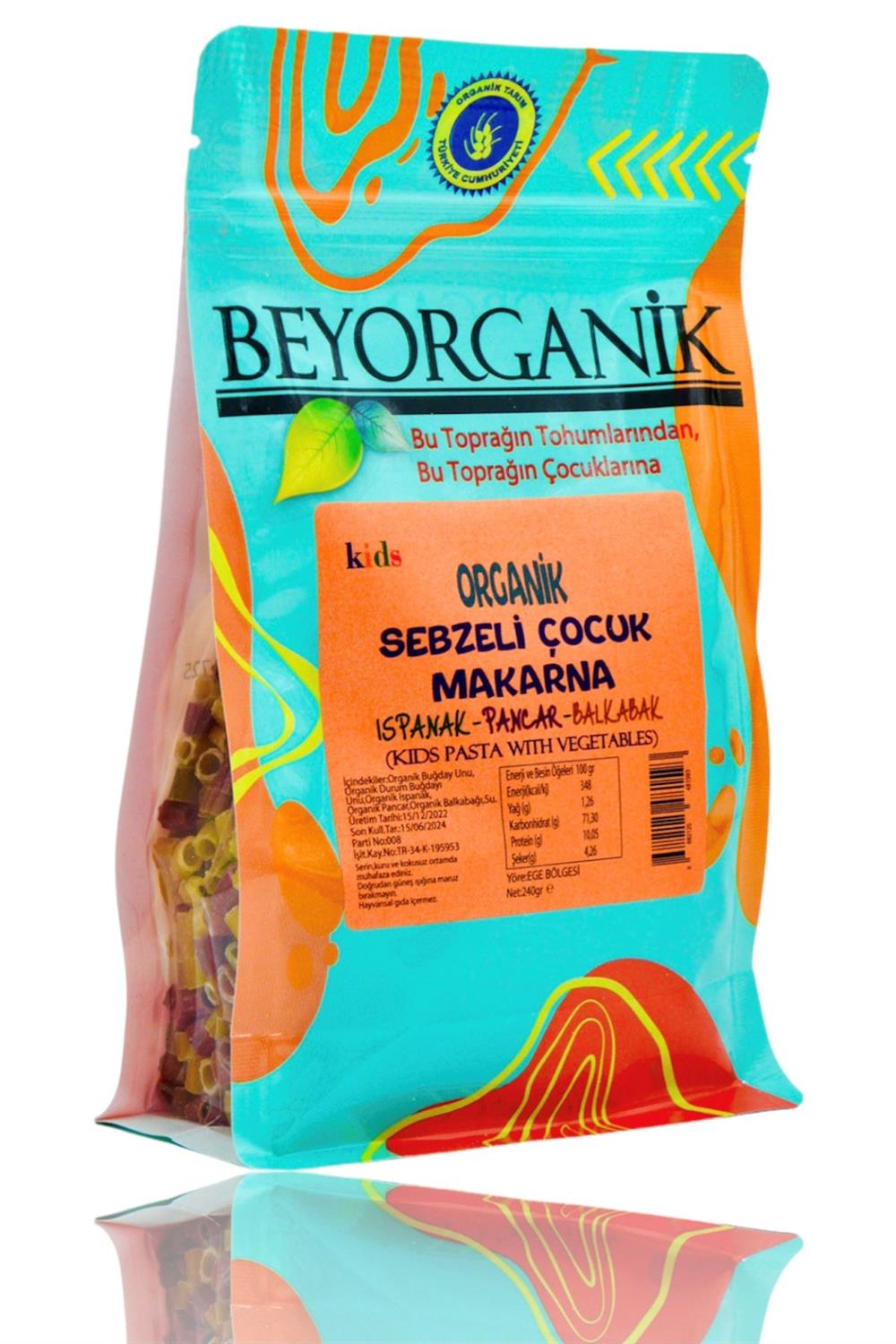BEYORGANİK-Organik Sebzeli Çocuk Makarna %35 Sebzeli 240gr Ispanak Pancar Balkabak  +8ay   (PESTİSİT VE AFLATOKSİN ANALİZLİ)-12 Adet
