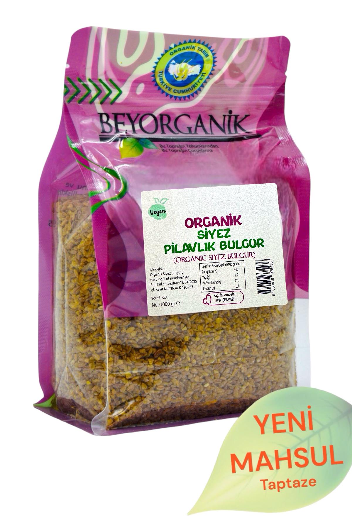 BEYORGANİK-Organik Siyez Pilavlık Bulgur 1kg      (PESTİSİT VE AFLATOKSİN ANALİZLİ)-12 Adet