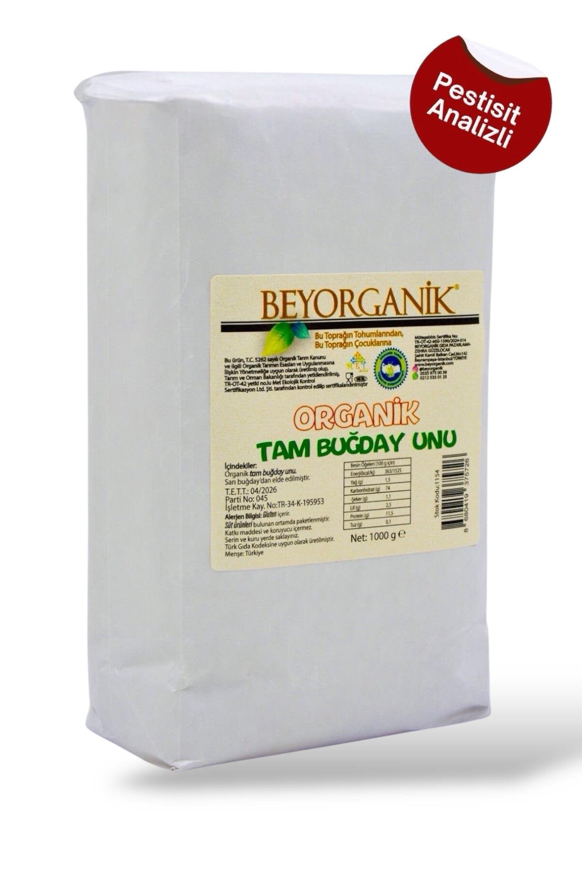 BEYORGANİK-Organik Tam Buğday Unu 1kg   (Pestisit ve Aflatoksin Analizli)-12 Adet