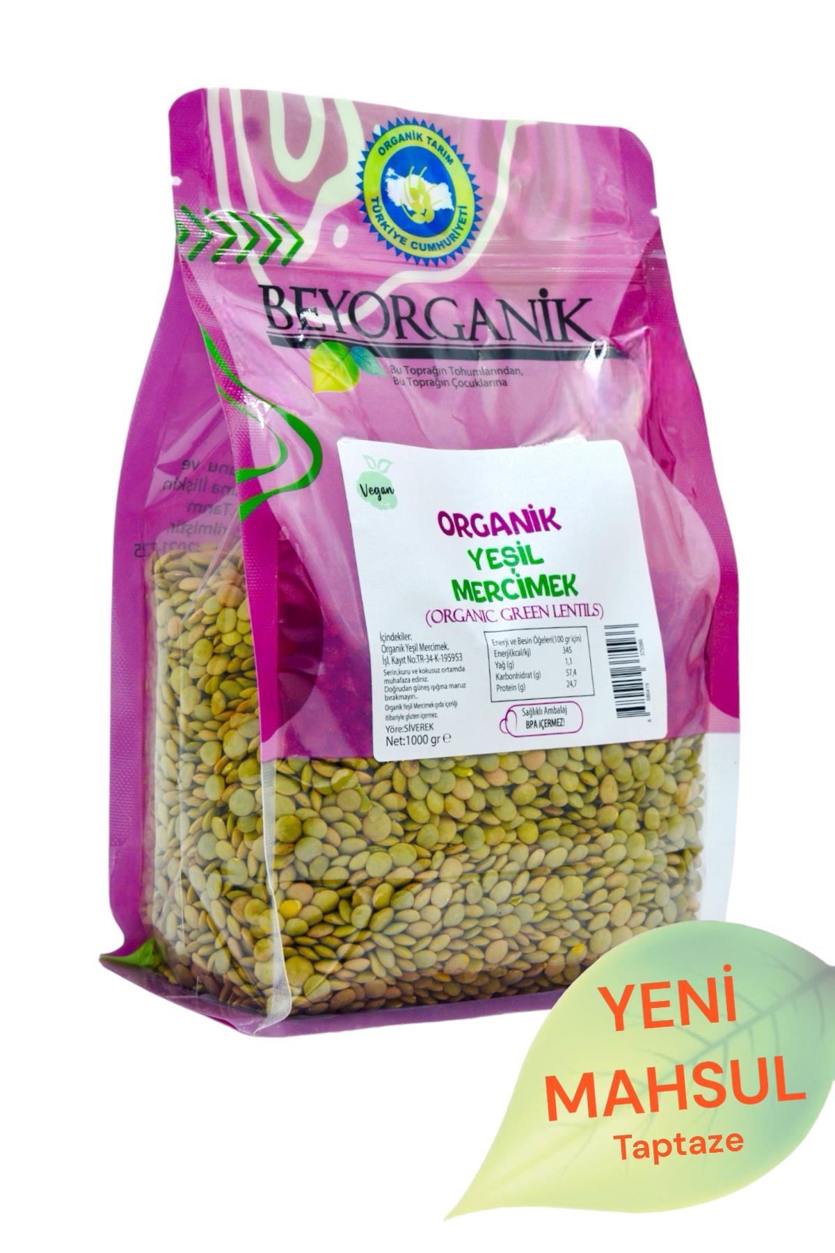 BEYORGANİK-Organik Yeşil Mercimek 1kg   (Pestisit ve Aflatoksin Analizli)-12 Adet