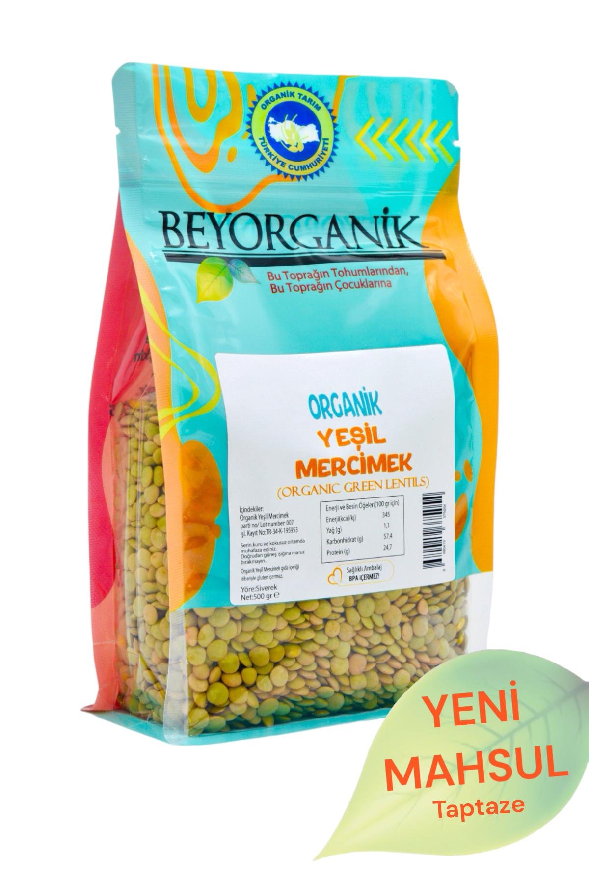 BEYORGANİK-Organik Yeşil Mercimek 500gr   (Pestisit ve Aflatoksin Analizli)-12 Adet