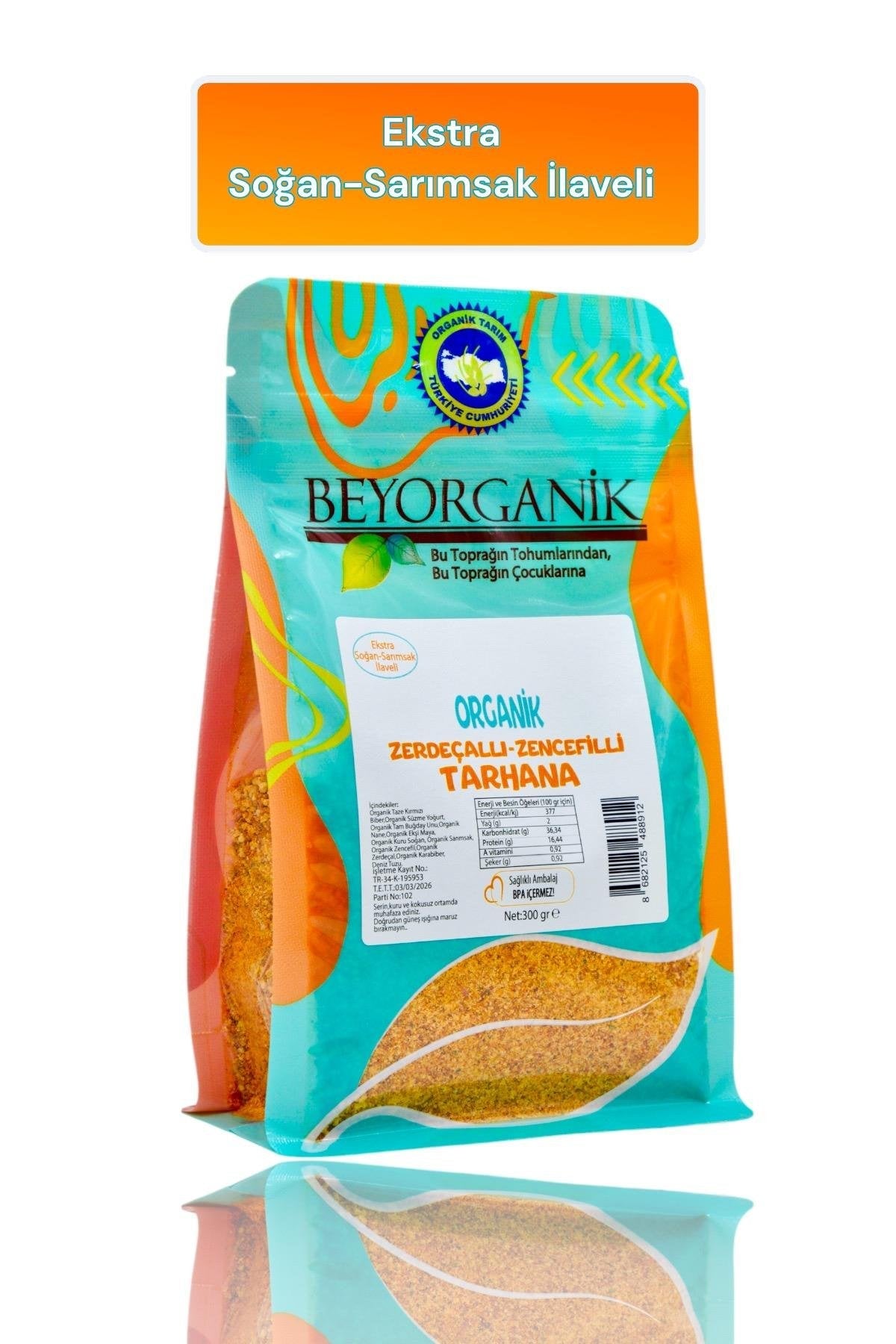 BEYORGANİK-Organik Zerdeçallı-Zencefilli Tarhana 300gr (EKSTRA SOĞAN-SARIMSAK İLAVELİ)  (PESTİSİT VE AFLATOKSİN ANALİZLİ)-12 Adet